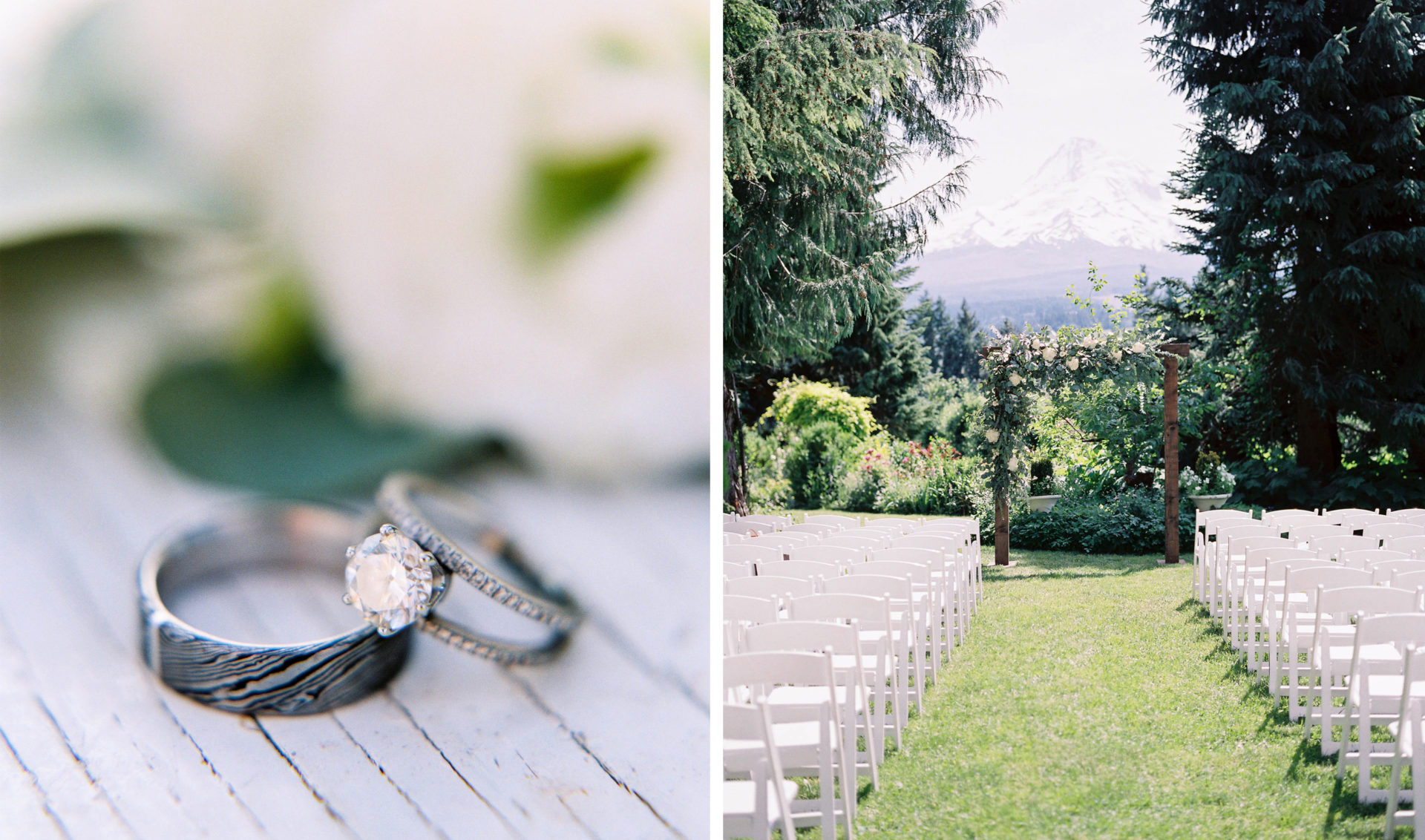 Closeup of wedding rings and wide view of ceremony arch at Mt. Hood Organic Farms