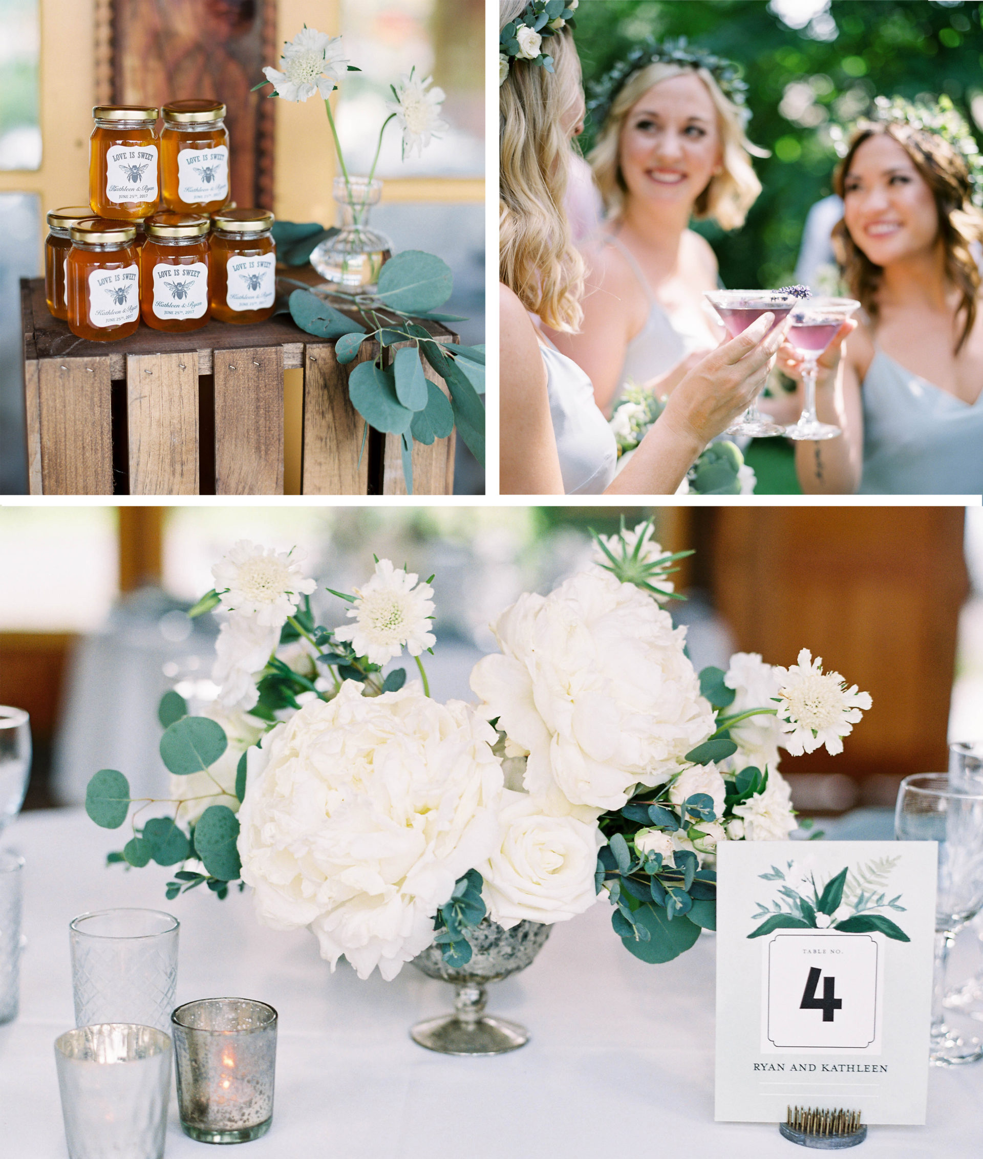 Flowers, drinks, and honey at a wedding at Mt. Hood Organic Farms